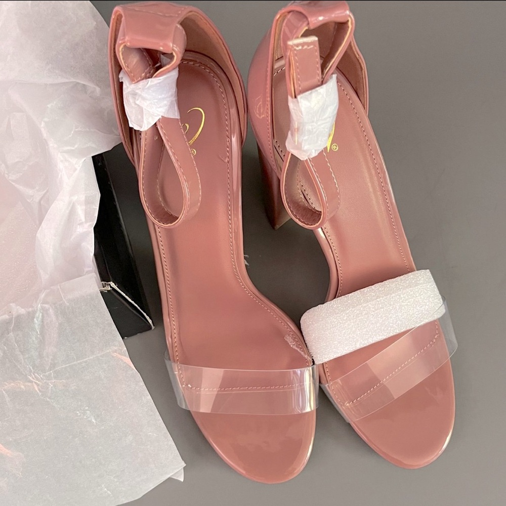 Brand New Mauve Patent 4” Block Heels with Clear Strap size 9